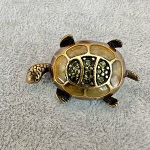 Vintage Bronze Turtle With Green Rhinestone Accents Brooch Pin